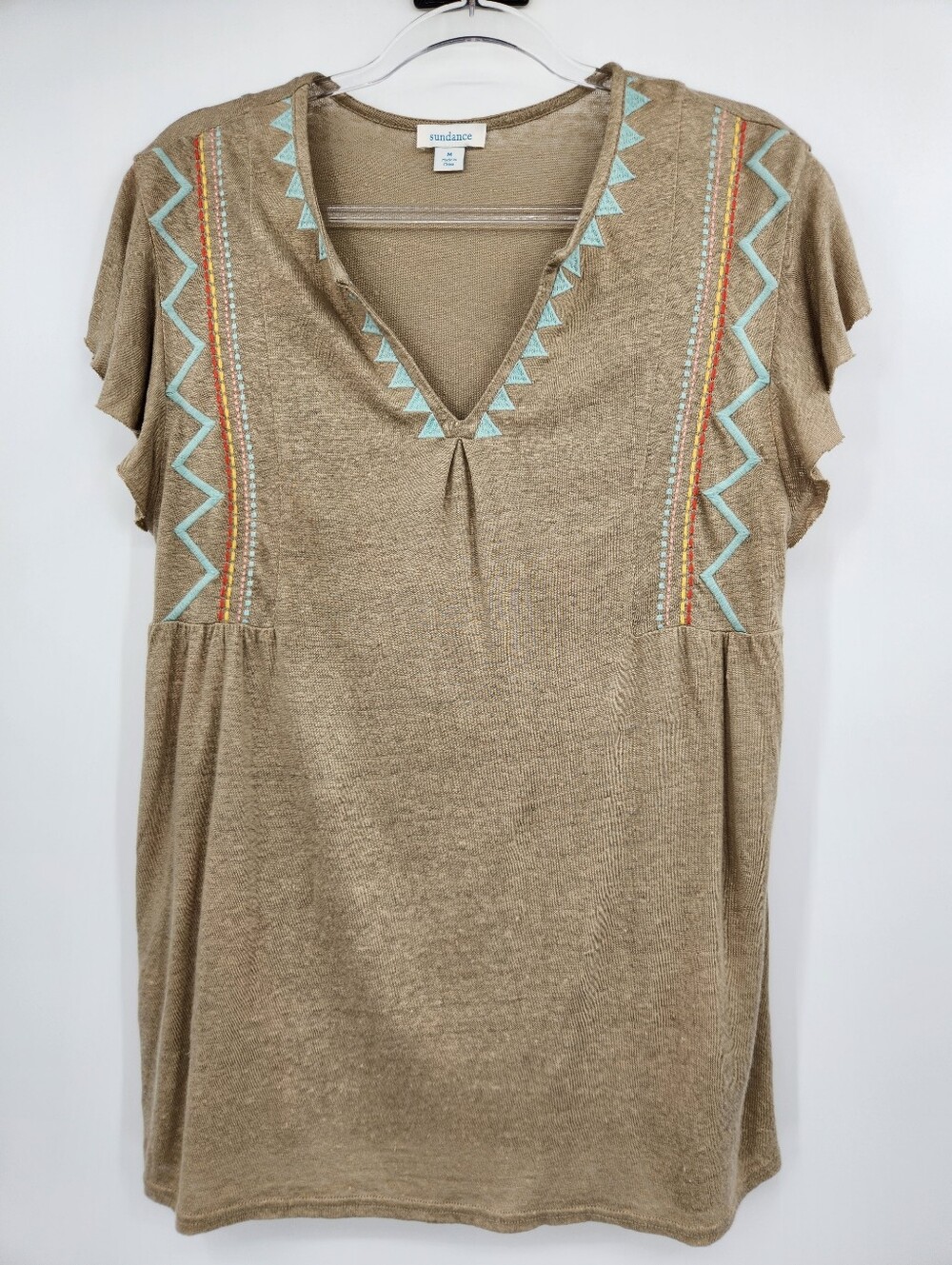Sundance Embroidered V Neck Top Womens Size Medium Tan Flutter Sleeve
